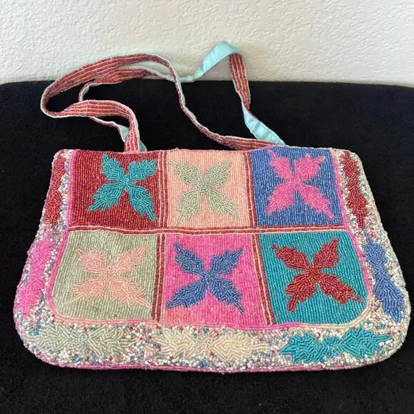 Vintage K.C Malhan Multicolor Hand-Beaded Shoulder Bag with Flower Motif Retro - Picture 3 of 8